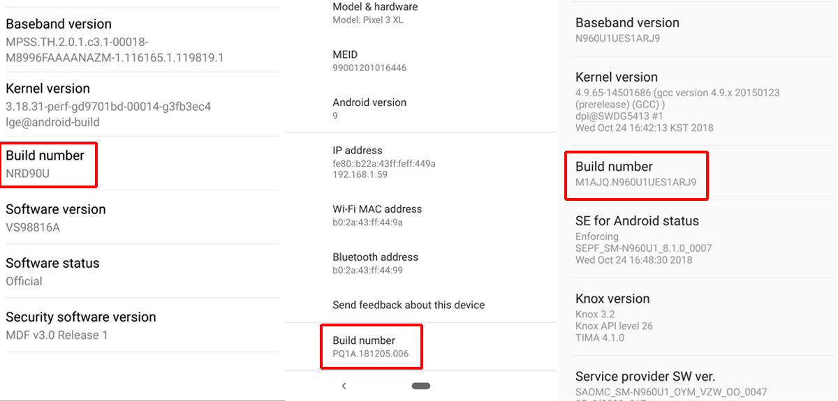 número de compilación de Android